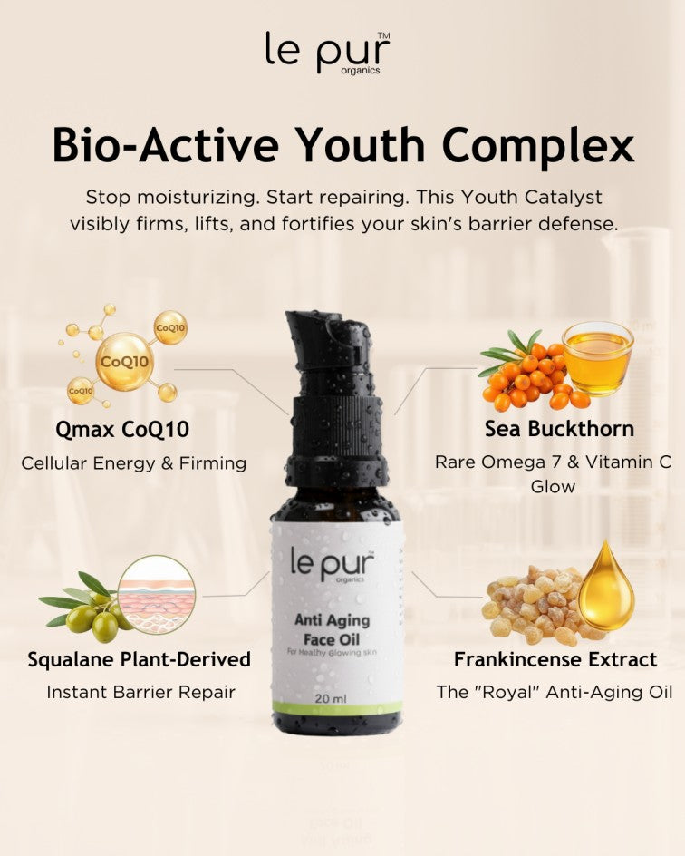Le Pur Organics age defying face oil in a glass bottle with dropper, highlighting organic skincare for youthful skin.