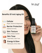 Le Pur Organics age defying face oil in a glass bottle, promoting youthful skin with organic ingredients.