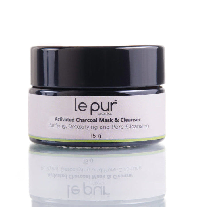 Le Pur Organics activated charcoal mask cleanser in a 15g trial pack, natural organic skincare product for deep cleansing.
