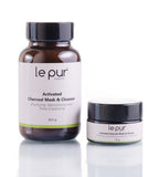 Le Pur Organics activated charcoal mask cleanser trial pack with black mask spread on skin, promoting deep cleansing and detoxification.