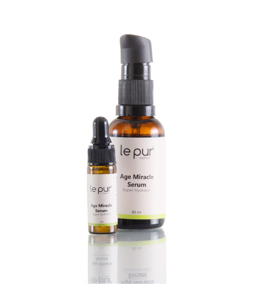 Le Pur Organics Age Miracle Serum bottle with dropper, showcasing its packaging for organic anti-aging skincare.