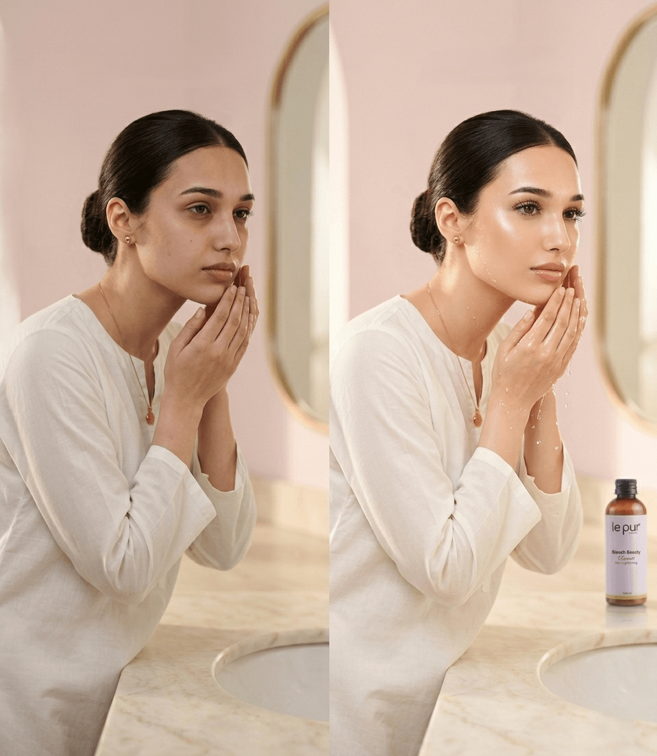 Le Pur Organics Blanch Beauty Cleanser in a bottle, featuring a gentle milk formula for organic skincare.