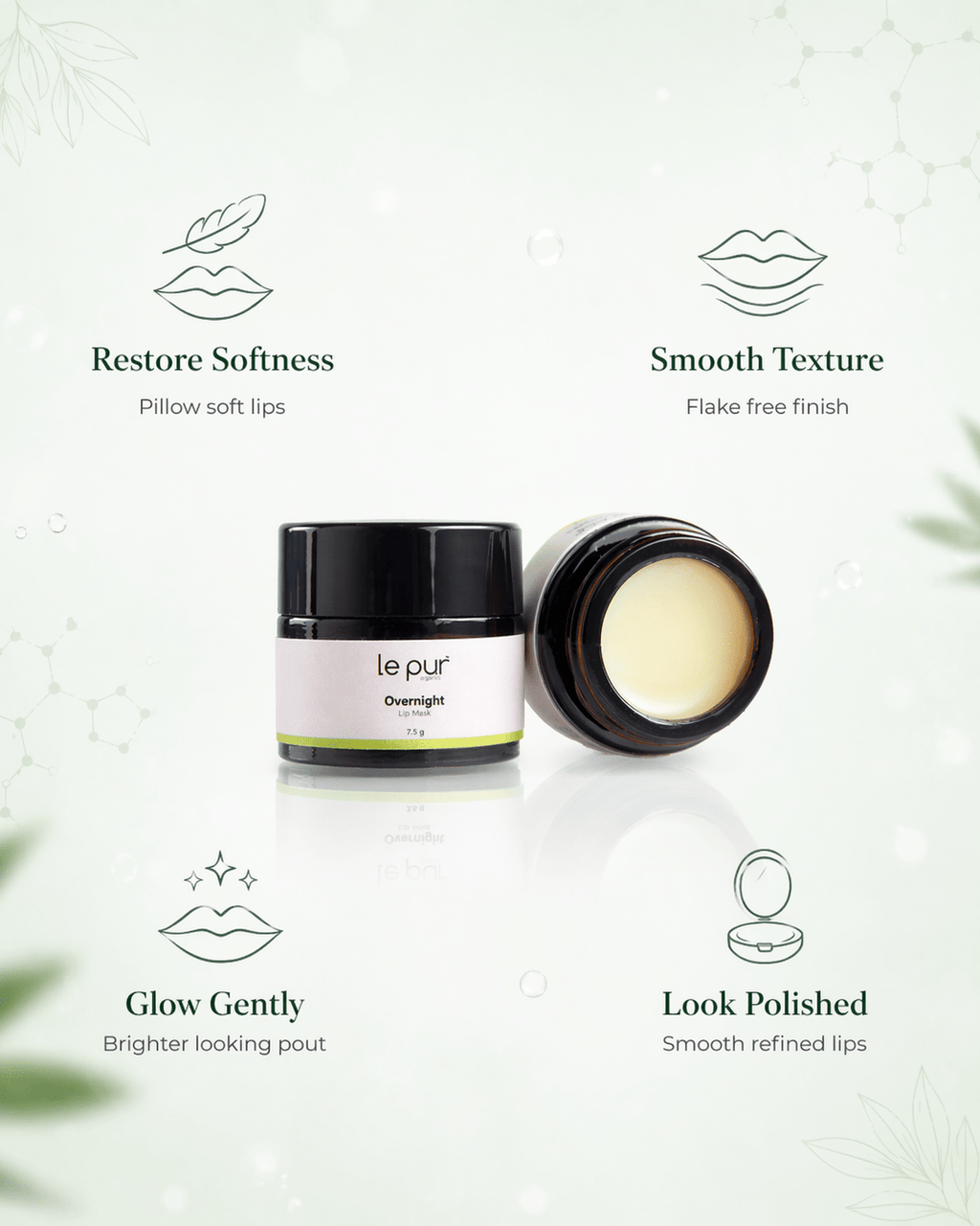 Le Pur Organics overnight lip mask in a small jar, featuring a smooth, glossy pink lip balm on a white background.