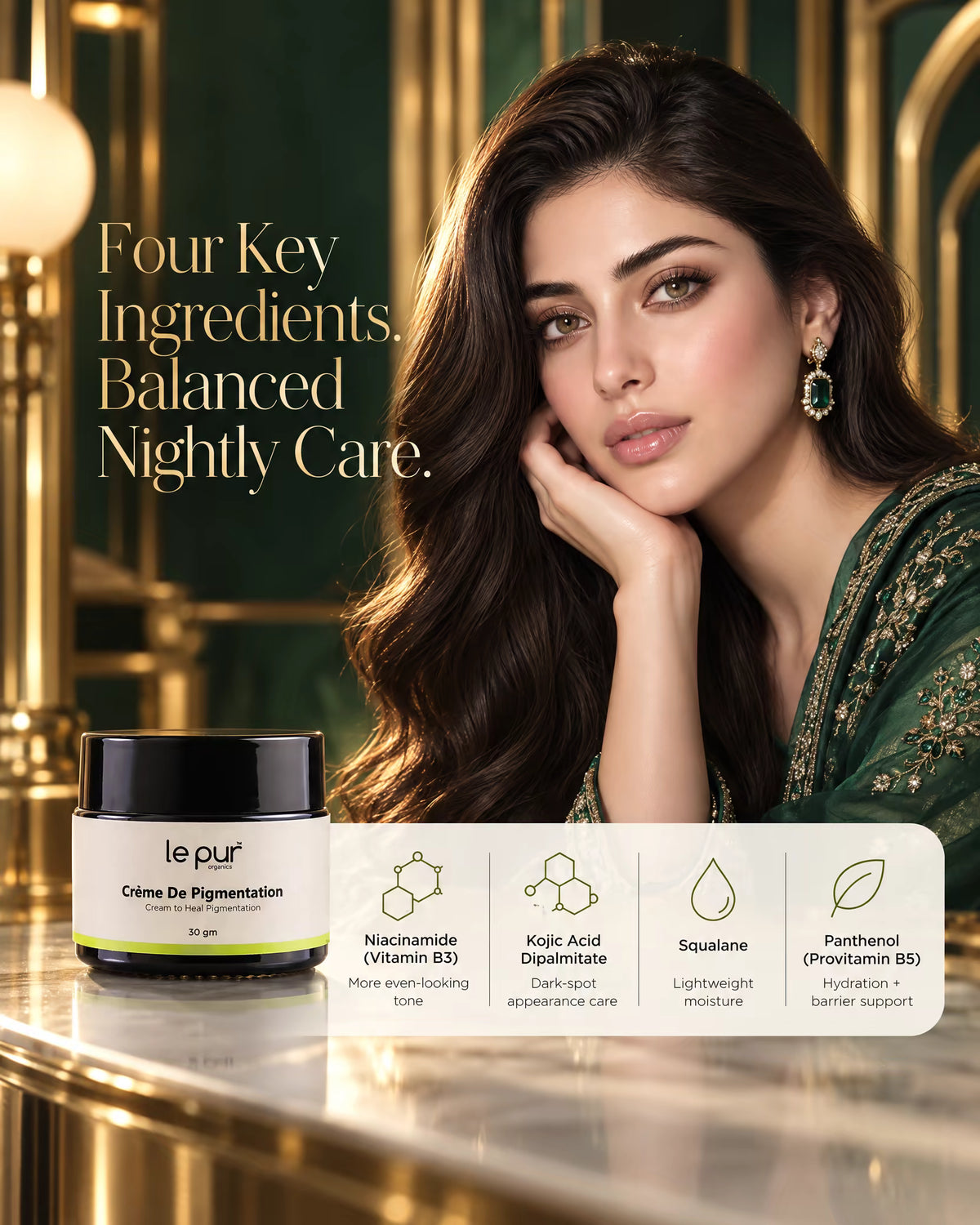 Le Puri Crème Da Pigmentation jar shown next to a model in a luxurious interior setting with gold columns. The ad includes text highlighting key ingredients and a feature panel explaining the benefits of each ingredient.