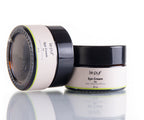 Le Pur Organics eye cream in a sleek jar, showcasing the organic skincare product designed for gentle under-eye care.