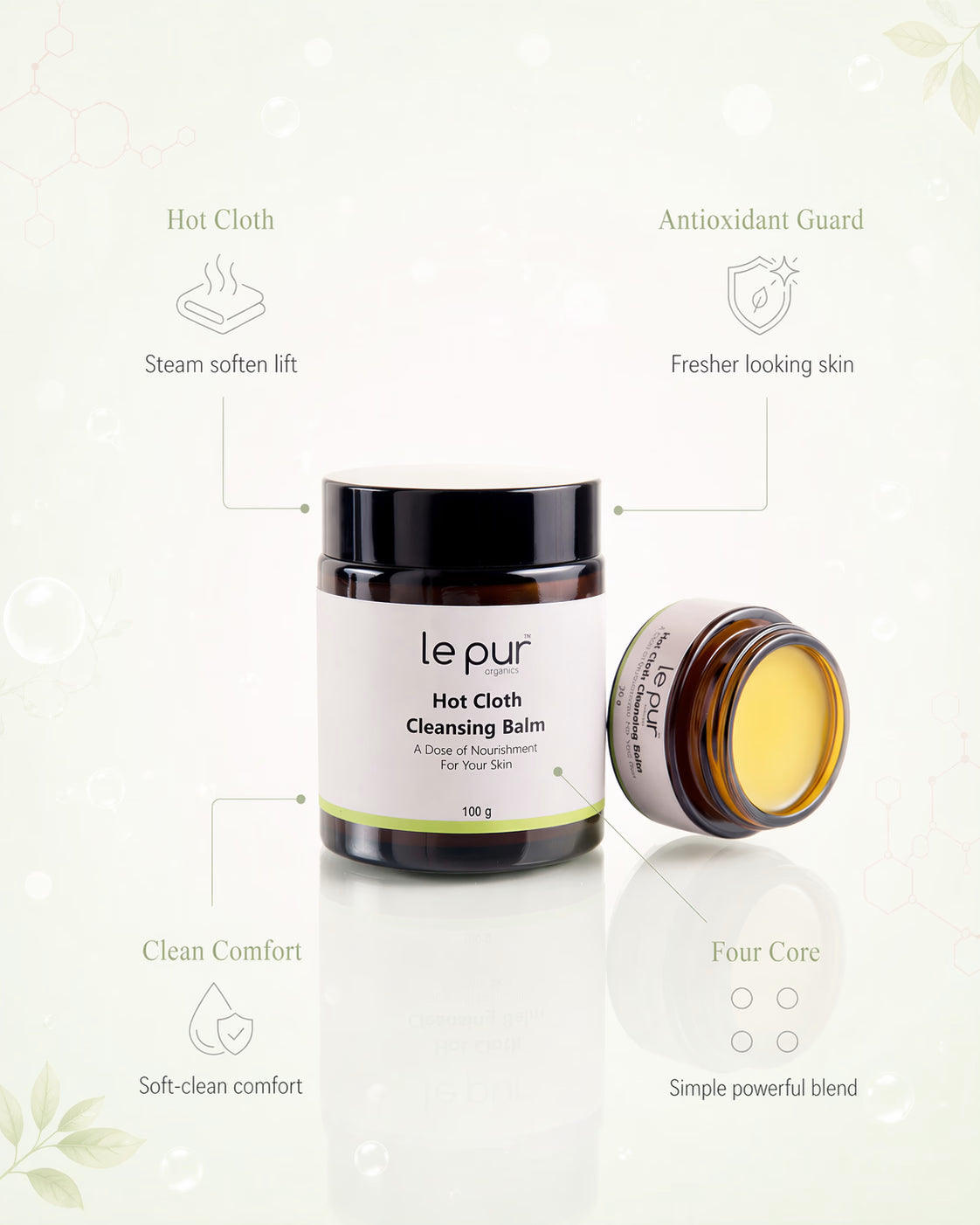 Le Pur Organics hot cloth cleansing balm in a jar, featuring its smooth, nourishing texture for gentle facial cleansing.