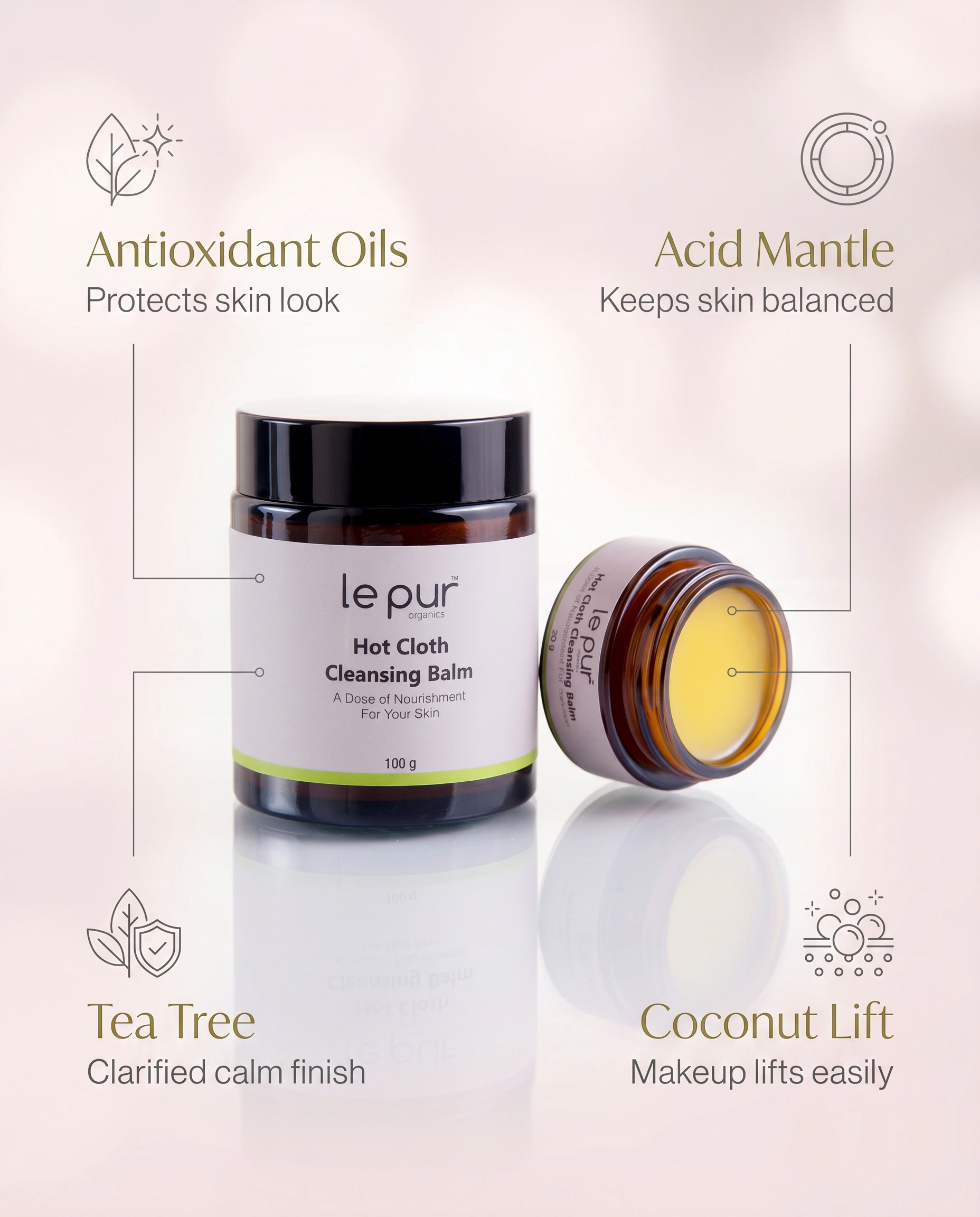Le Pur Organics hot cloth cleansing balm in a jar, showcasing its smooth, creamy texture for gentle facial cleansing.