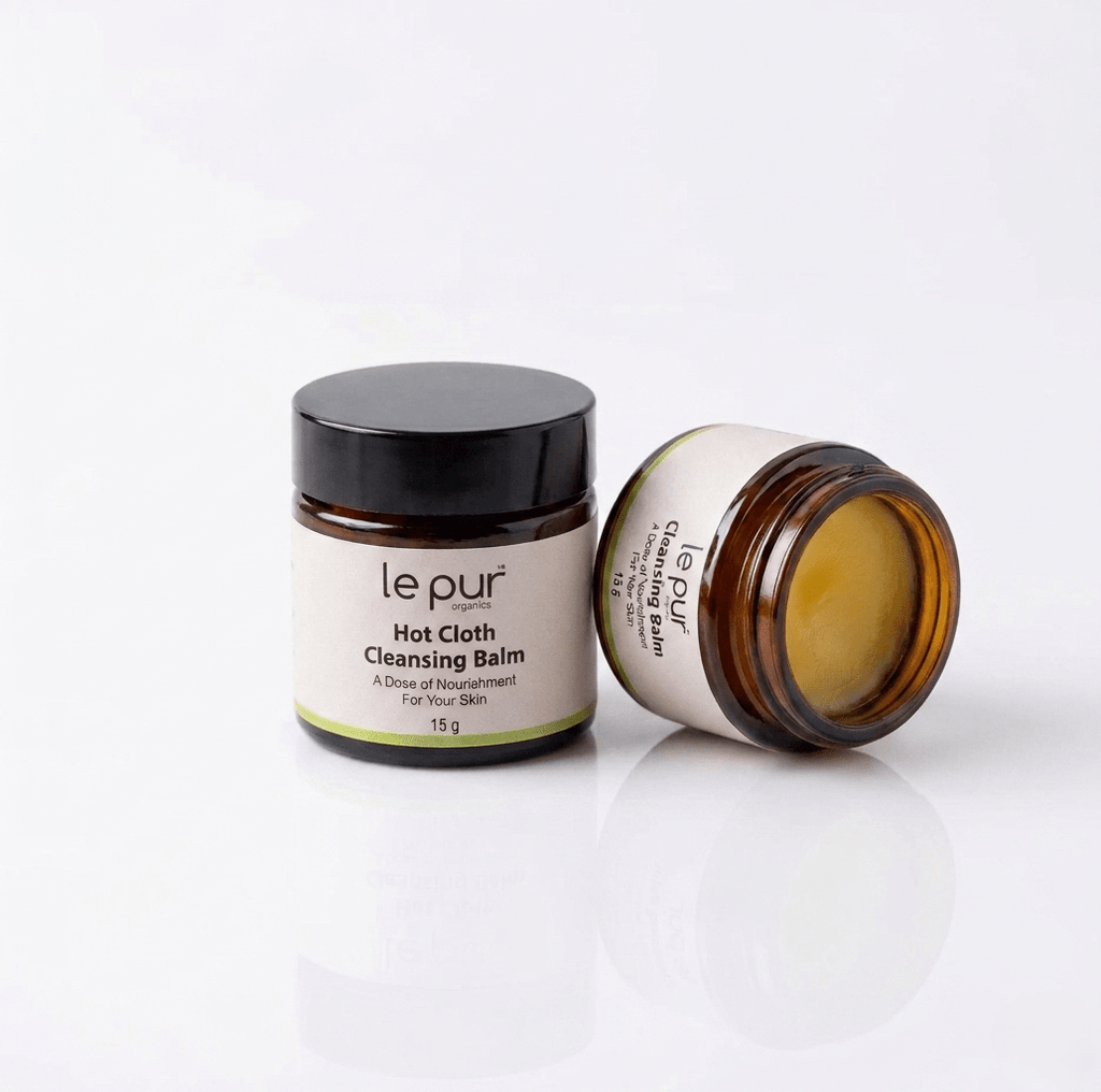 Le Pur Organics hot cloth cleansing balm trial pack in a 15g container, natural skincare product for gentle face cleansing.