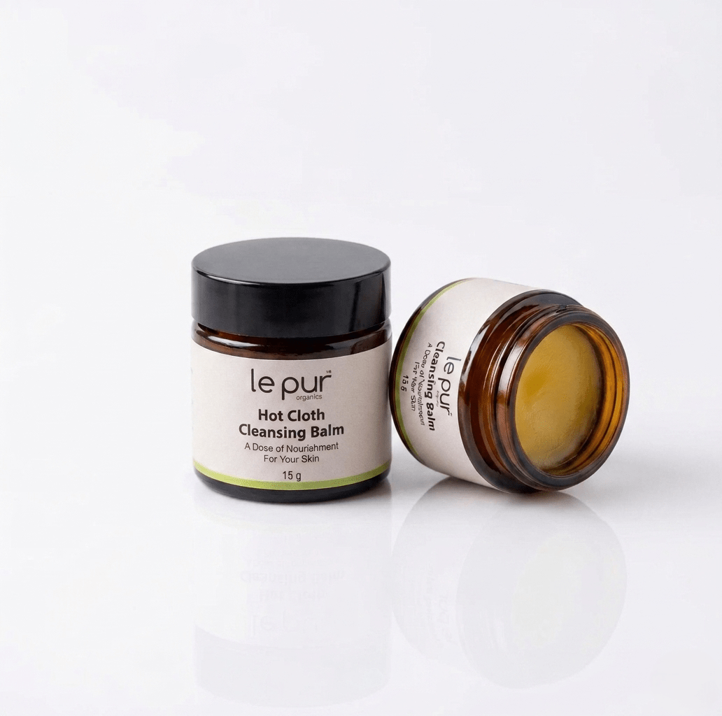 Le Pur Organics hot cloth cleansing balm trial pack in a 15g container, natural skincare product for gentle face cleansing.
