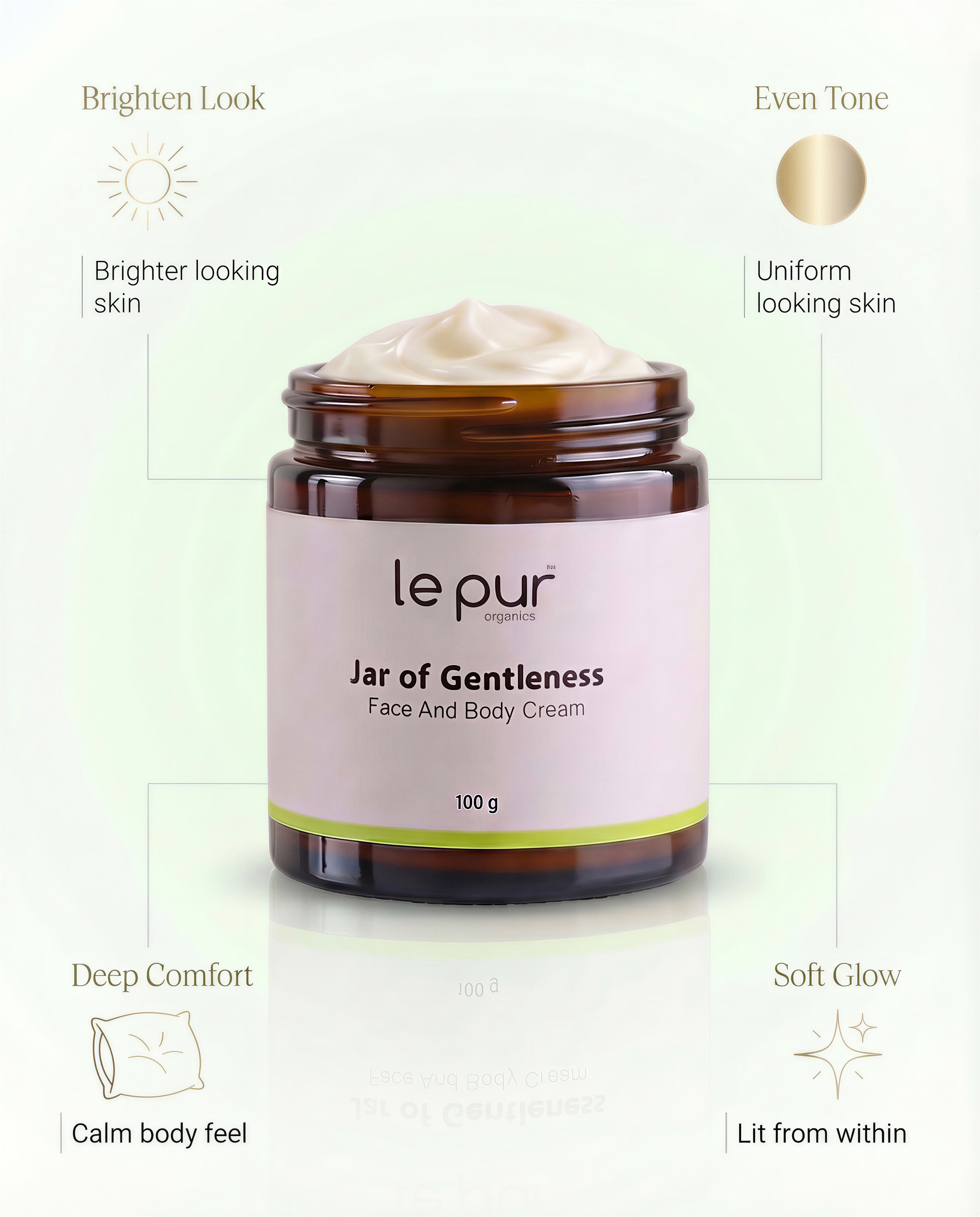 Jar of Le Pur Organics Gentleness skincare product with a clear glass jar and minimalist label, showcasing organic skincare.