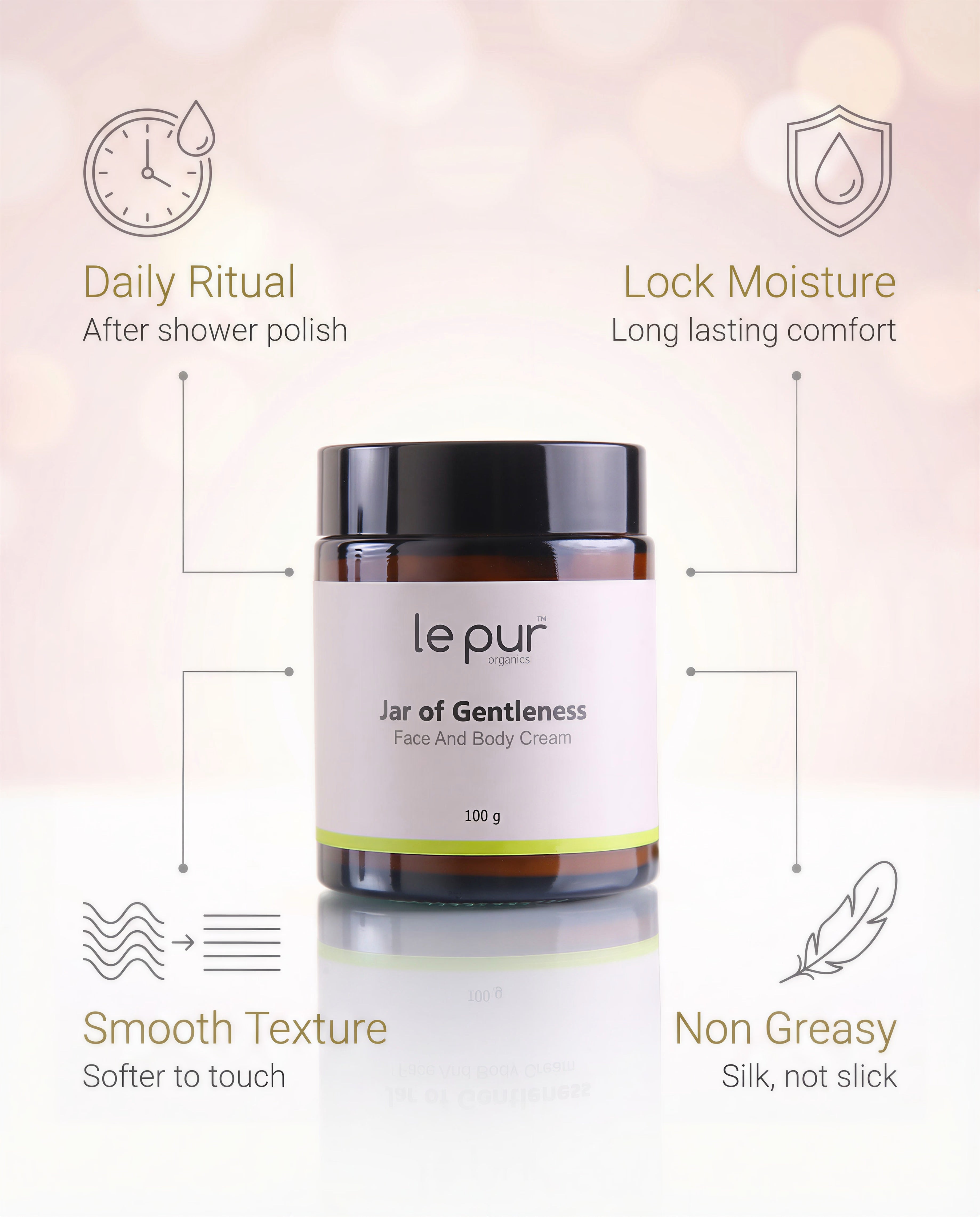 Cream jar labeled "Gentleness" by Le Pur Organics, Pakistan's first certified organic skincare brand, showing a clean, elegant design.