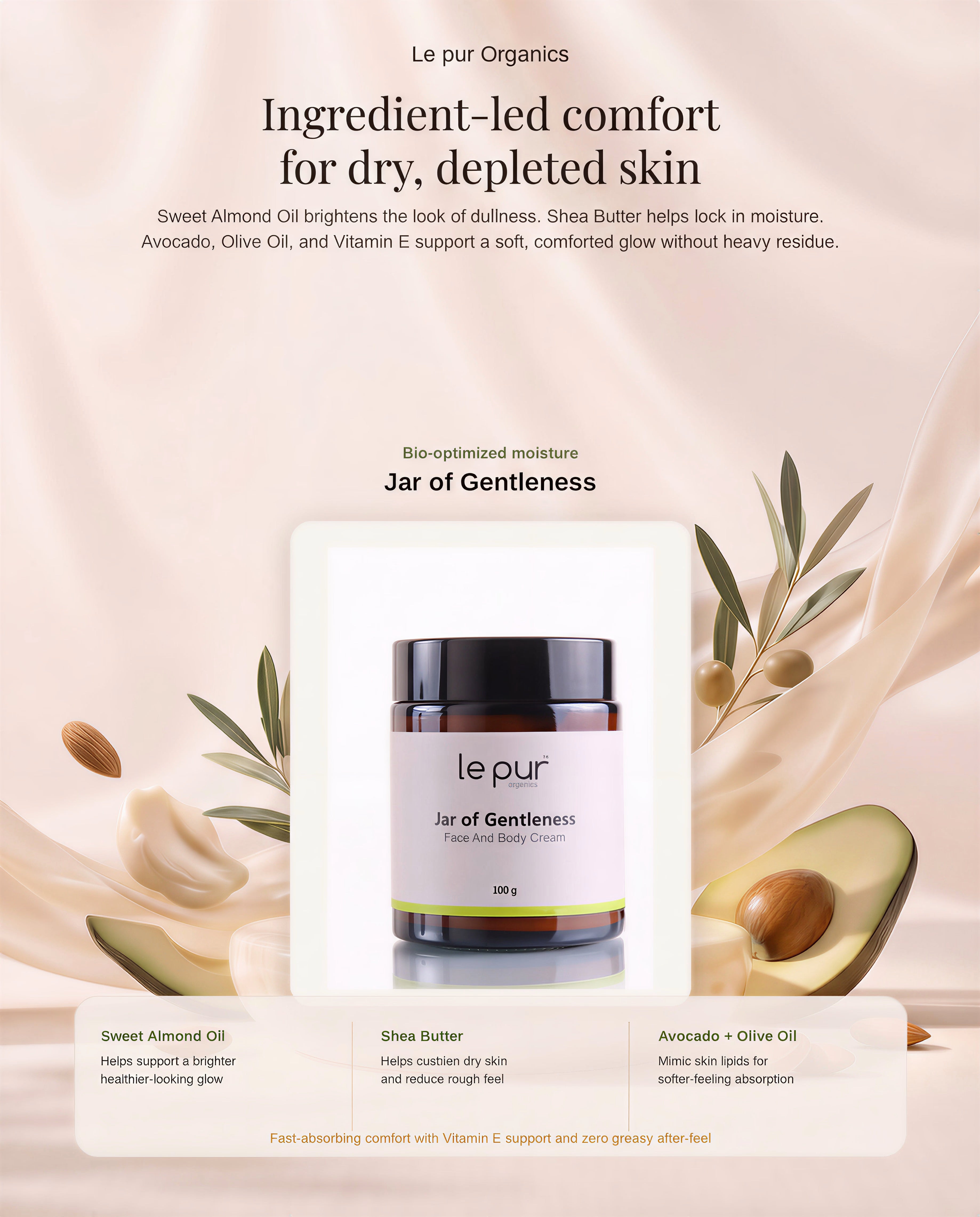 Jar of Le Pur Organics Gentleness cream, a natural organic skincare product in a clear glass jar with a white lid.