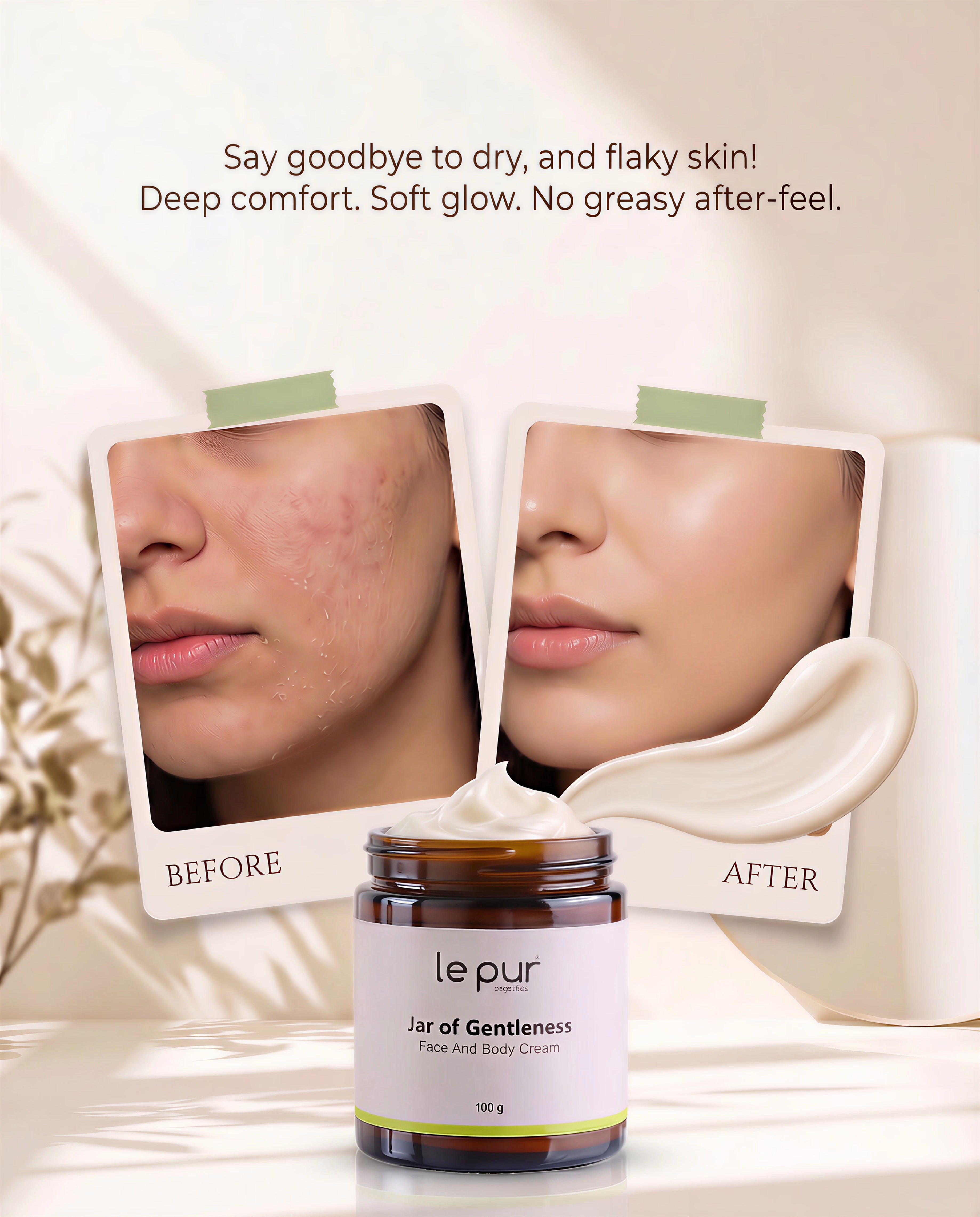 Jar of Le Pur Organics Gentleness skincare in a clear glass jar with a white lid, showcasing a calming, organic product.