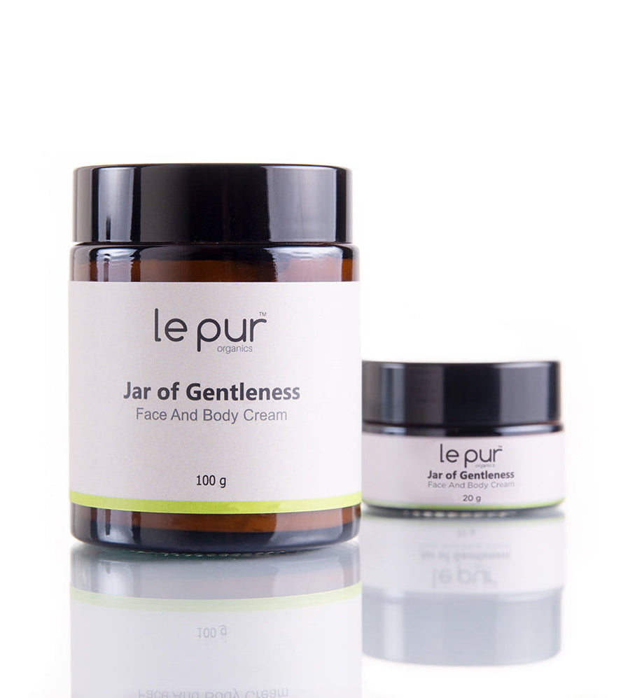 Jar of Le Pur Organics Gentleness skincare cream in a glass jar, showcasing the organic product with a clean, natural appearance.