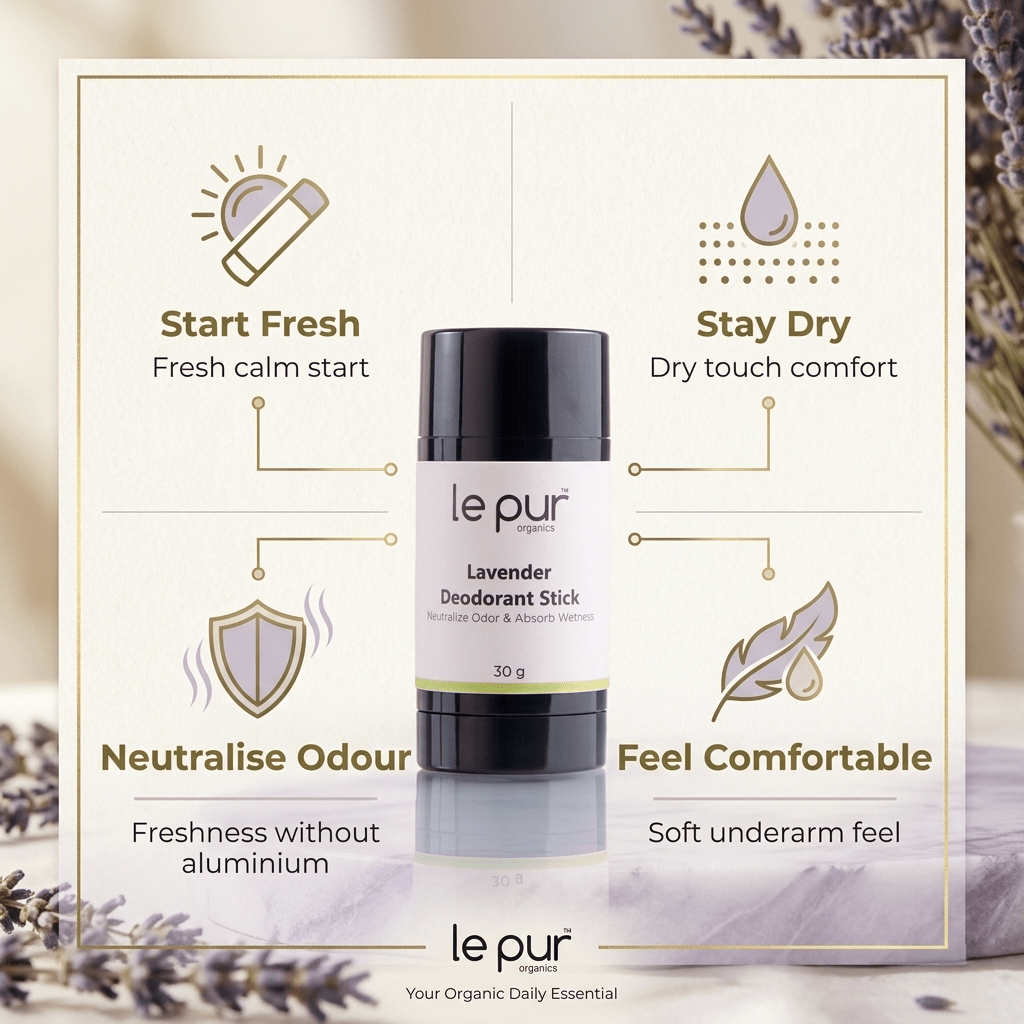Lavender deodorant stick by Le Pur Organics showing the organic skincare product with lavender scent and packaging.