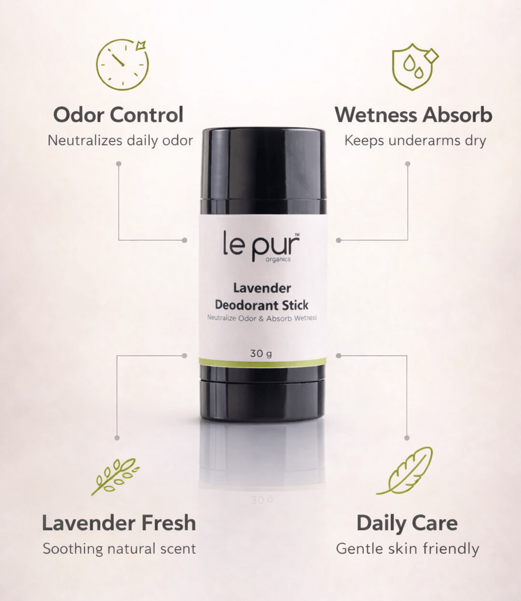Organic lavender deodorant stick for women by Le Pur Organics, featuring a natural, eco-friendly packaging in the image.