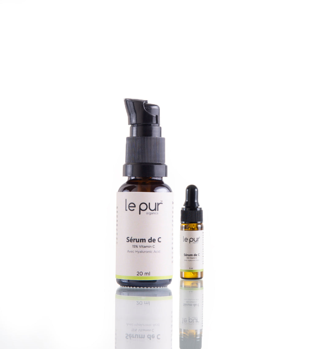 Le Pur Organics Sérum De C in a glass bottle, featuring a dropper for natural, certified organic vitamin C skincare.