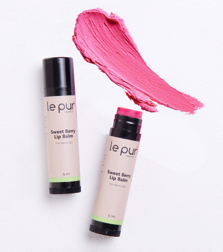 Sweet Berry Lip Balm by Le Pur Organics, featuring a natural, moisturizing lip balm with a berry flavor and organic ingredients.