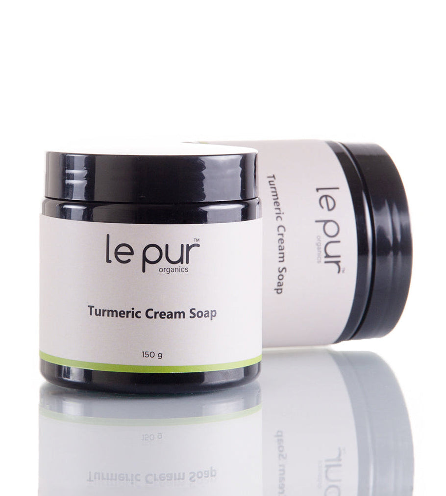 Le Pur Organics turmeric cream soap bar with natural turmeric extract for brightening and nourishing skin.