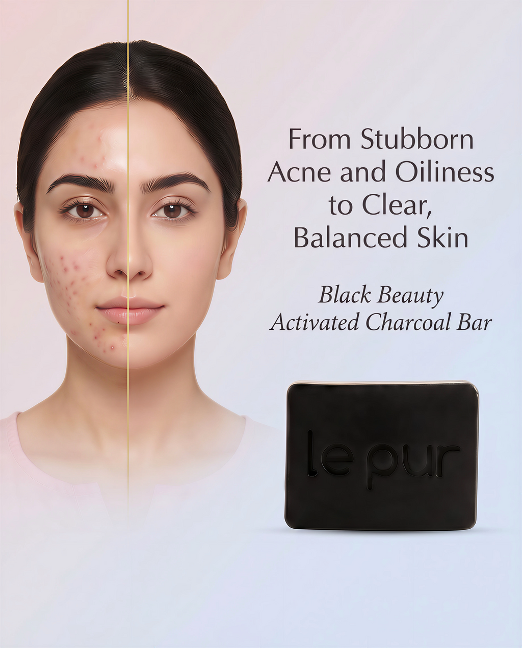 Le Pur Organics Black Beauty charcoal soap bar with natural ingredients, designed for deep cleansing and healthy skin.  Activated Charcoal (Carbon) in Black Beauty Soap for a pore cleansing look