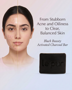Le Pur Organics Black Beauty charcoal soap bar with natural ingredients, designed for deep cleansing and healthy skin.  Activated Charcoal (Carbon) in Black Beauty Soap for a pore cleansing look