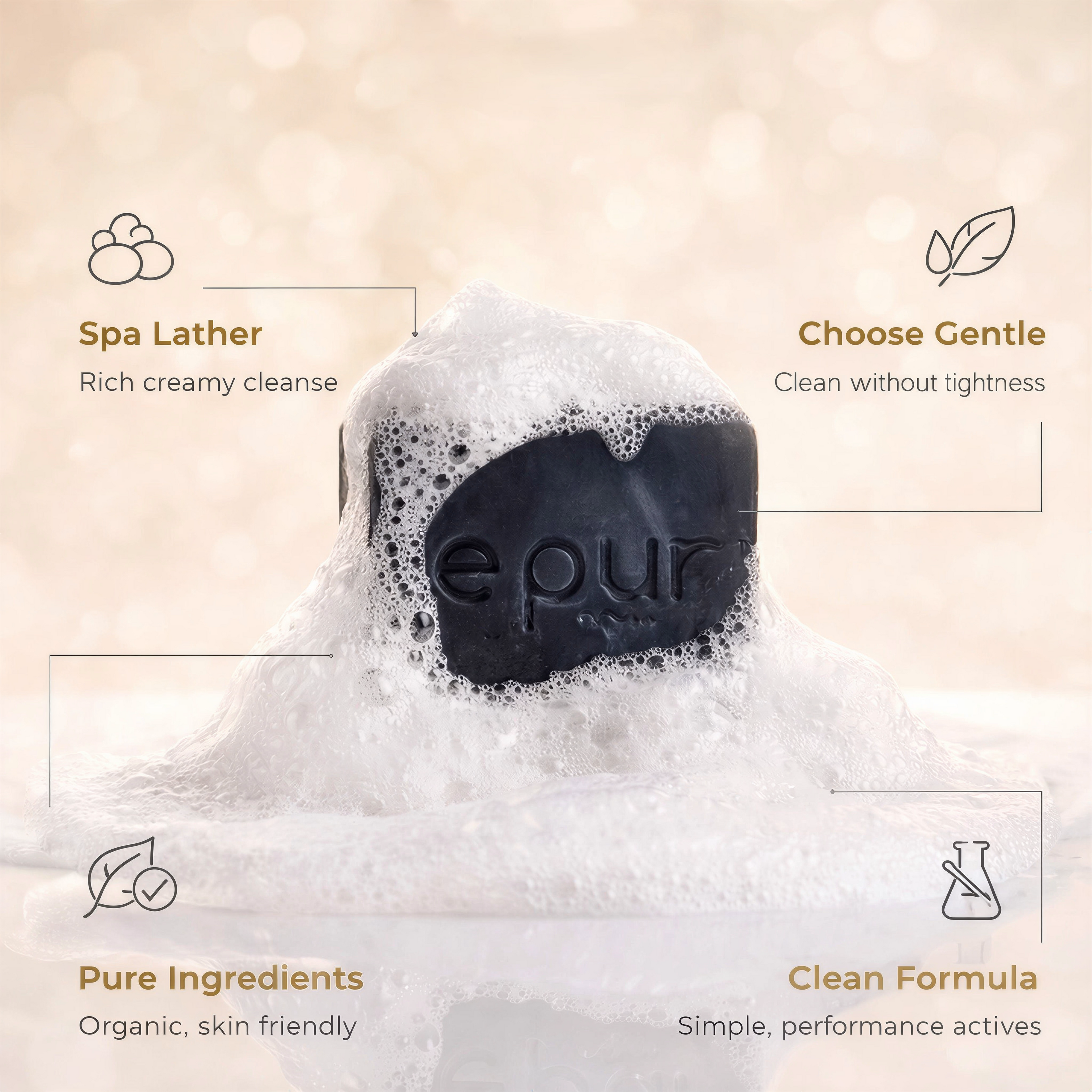 Black Beauty charcoal soap by Le Pur Organics, featuring a sleek black bar with textured surface and natural ingredients. After rinsing Black Beauty Soap, skin looks smooth and matte with a refreshed appearance