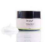 Le Pur Organics Crème De C, a natural organic skincare cream in a jar with a white lid and label, emphasizing purity and organic ingredients. Barrier support ingredients almond oil and grape seed oil in Crème De C moisturiser