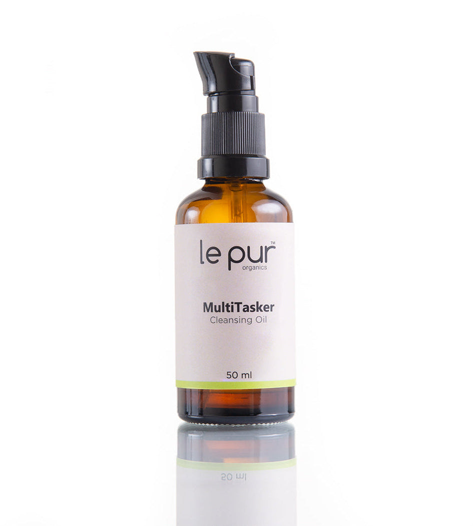 Le Pur Organics Multitasker, a versatile organic skincare product with natural ingredients in a sleek container.