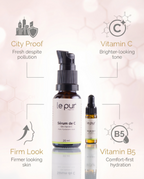 Le Pur skincare serum and dropper bottle with text highlighting benefits on a light pink background Sérum De C vitamin C serum positioned for urban skin exposed to pollution and sun
